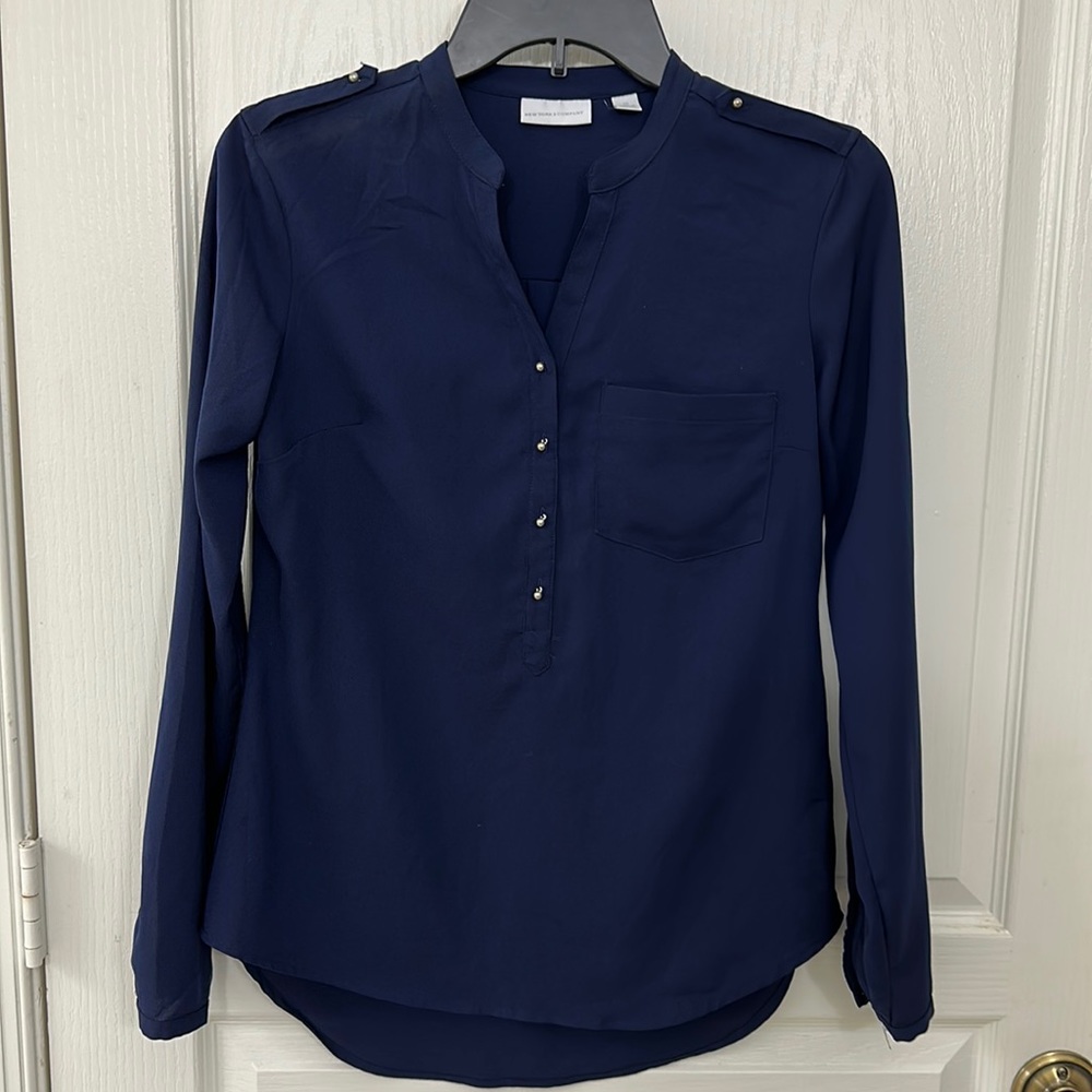 New York & Comp Navy Blue Blouse 100% Polyester Sz XS